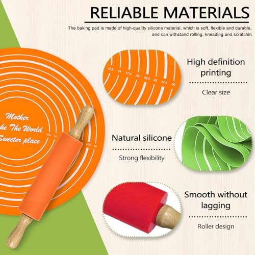 Silicone Rolling Pin Backing Mat Set, 13" Dough Roller with Non Stick Pastry Sheet, Small Fondant Roller Round Kneading Mat for Bread Cookie Pie Pizza Sourdough Kitchen (Orange) - color: Orange