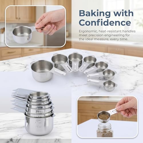 Stainless Steel Measuring Set, Stackable Design Metal Cups and Spoons, Engraved Markings for Dry and Liquid Ingredients 7PCS Silver(cup) - color: Silver(cup), size: 7PCS