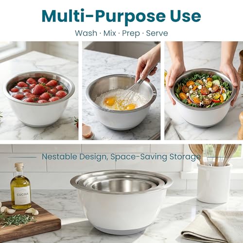 Rorence 18/8 Stainless Steel Mixing Bowls Set with Lids,1.5,3 & 5 Qt,White - color: White