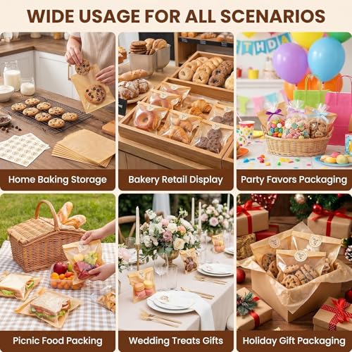 100Pcs Brown Paper Cookie Bags with Stickers & Window 5x7.5 inch - size: 13X19CM