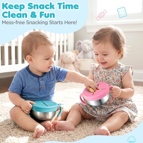 Snack Cups, 2 Pack Stainless Steel Toddler Snack Containers, Spill-Proof - color: Pink + Green