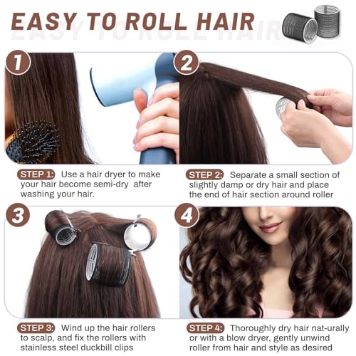 Large Hair Rollers Set - 24 Pieces with 12 Jumbo Rollers and 12 Clips for Long Thick Hair Volume (Black) - color: Black