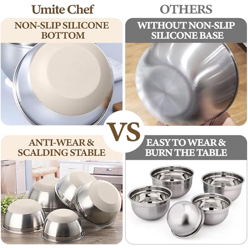 Heavy-Duty 5QT Large Mixing Bowls with Lids Set, Non-Slip Silicone Base - color: Khaki