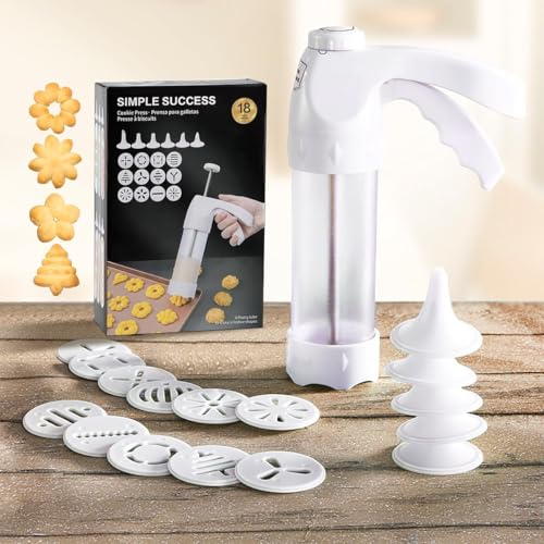 Cookie Press Gun White - Spritz Cookie Press Kit with 12 Discs & 6 Piping Tips | Perfect for Thanksgiving Christmas, Baking & Cake Decorating
