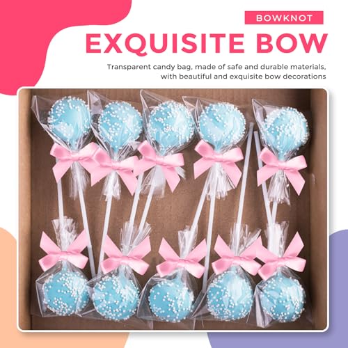 Cunhill 300 Pcs Cake Pop Sticks with Transparent Bags and Ribbon Bows, Pink