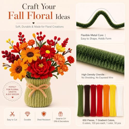 976Pcs Red Pipe Cleaners Flower Kit,7 Colors Soft Chenille Stems - color: Red and orange colour