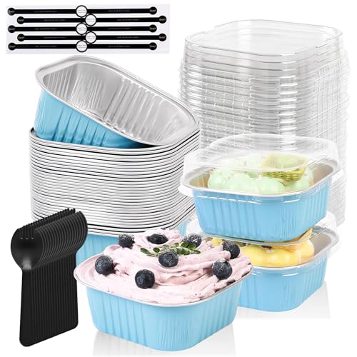 100 Pcs Mini Cake Pans with Lids, 10oz Square Aluminum Foil Brownie Baking Cups, Dessert Cupcake Cups with lids, Disposable Loaf Pans Cupcake for Wedding Birthday Party (Blue) - color: Blue, size: 10 OZ