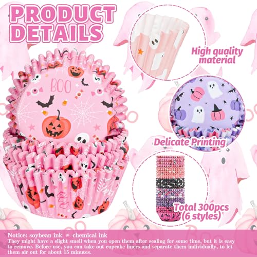 JarThenaAMCS 300Pcs Halloween Cupcake Liners Pumpkin Ghost Spider Web Bat Paper Baking Cups Pink Purple Orange Black Standard Muffin Cupcake Wrappers for Party Supplies Table Decor