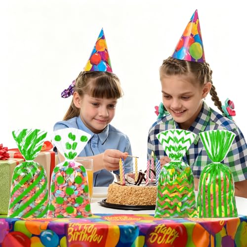 Capesaro 50 Pieces 10.6 x 5.1 In Green Cellophane Treat Bags Candy Gift Bag with Twist Ties Stripes Polka Dot Printed Pattern Goodie Bag for Birthday Weddings Party - color: Green-10.8'' x 5''