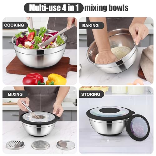 E-far Stainless Steel Mixing Bowls with Lids & Colander, 15PCS - color: Black