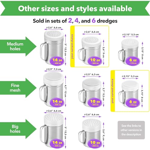 CUSINIUM 6oz Fine Mesh + 10oz Medium Holes Dredges - With Lids - With Handles - Flour Shaker Duster Set - Confection Sugar Shakers