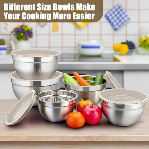 P&P CHEF Metal Mixing Bowls with Lids Set, Airtight Lids & Khaki - color: Khaki, style: Airtight Lids