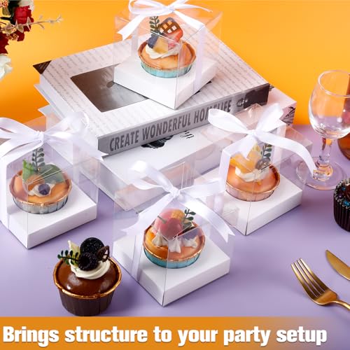 50 Pcs Plastic Cupcake Boxes, 3.5 Inch, White, Clear