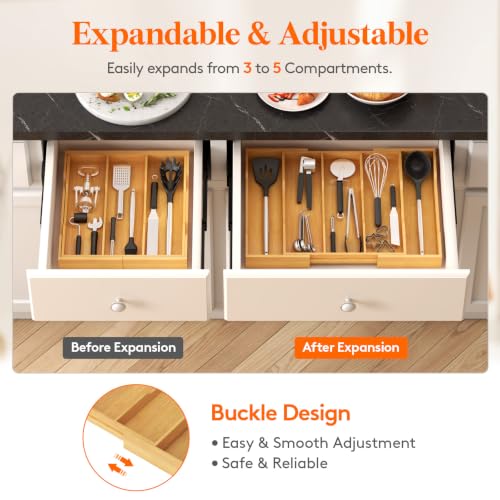 Lifewit Bamboo Kitchen Drawer Organizer, Cooking Utensil Silverware Tray - color: Natural, size: 5 Slot(12.6~22.8''W x 14'' D)