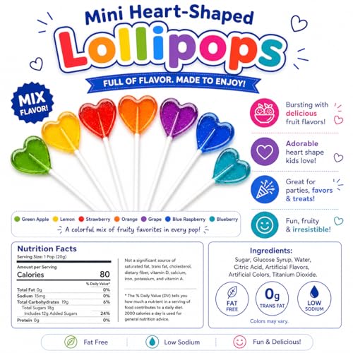 Fruidles 30-Count Mix Flavored Lollipops Heart Flavor Mix Mini Heart Shaped Flavored Delicious Lollipop, Individually Wrapped, 5g Lollipop - size: 30-Pack