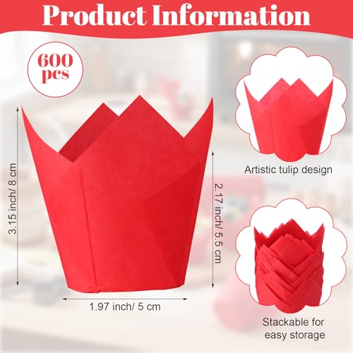 600 Pcs Tulip Cupcake Liners, Solid, Red - color: Red