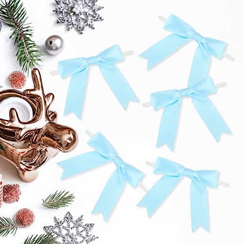 Meseey 50 Pcs 3 Inches Twist Tie Satin Ribbon Bows Baby Blue Pretied Premade Craft Bows for Treat Bags Gift Wrapping Basket Wedding Baby Shower Brithday Christmas Party (3", Baby Blue) - color: Baby Blue