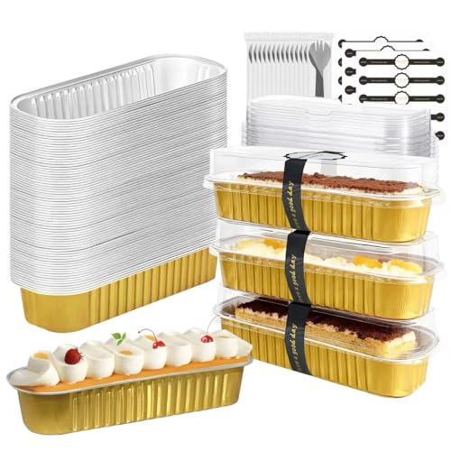 100 Pack Mini Cake Pans with Lids and Spoons, Mini Loaf Baking Pans 6.8oz, Small Disposable Aluminum Foil Loaf Pans, Rectangular Baking Containers for Party and Picnics, Cheesecake Pans (Gold) - color: Gold
