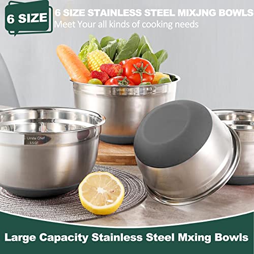 Umite Chef Mixing Bowls with Airtight Lids，6 piece Stainless Steel Metal Nesting Storage Bowls, Non-Slip Bottoms Size 7, 3.5, 2.5, 2.0,1.5, 1QT, Great for Mixing & Serving(Grey) - color: Gray