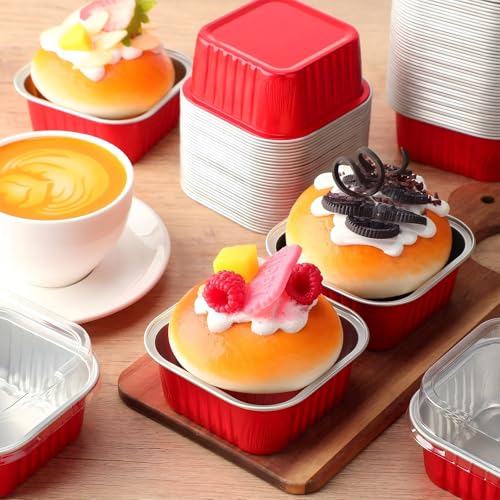Skylety 100 Pcs 5oz Mini Square Cake Pans with Lids, Red - color: Red