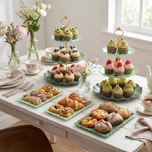 FoldTier 6 Pack Cupcake Stand Set 3 Pcs 3 Tier Gradient Dessert Table Display Stands Cookie Tray Rack 3 X14 in Rectangle Party Trays for Wedding Birthday Tea Party Baby Shower(Green,Round) - color: Green, style: Round
