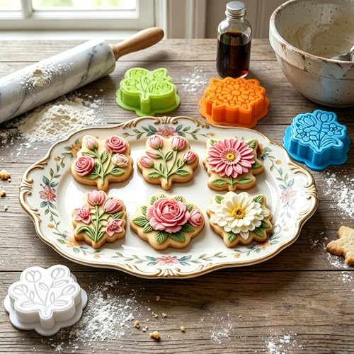 6Pcs Die-cutting Flower Cookie Cutter Sets Multiple Shapes Rose Sunflower Daisy Tulip Cookie Cutters with Stamp Floral Fondant Cutters Plastic Cookies Molds for Baking Spring Summer Cookies Cutters