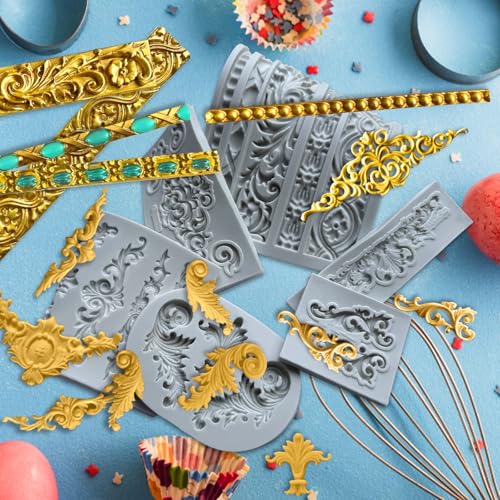 6PCS Baroque Silicone Molds,Baroque Fondant Border Mold(Gray)