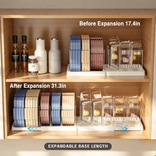 Magheo 2 Pack Expandable Food Storage Container Lid Organizers, 31.3" Pots and Pans Organizer Under Cabinet with 12 Adjustable Dividers Pot and Pan Lid Holders Rack Inside Cabinet(White) - color: White, size: (2 Pack)31.3"D x 7.9"W x 5.9"H