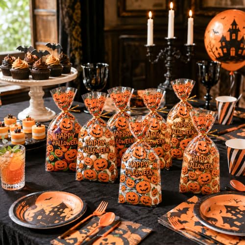 NPLUX 100 Pack Halloween Treat Bags,Twist Ties,Pumpkin Face,6x10x2.4 in - color: Halloween02