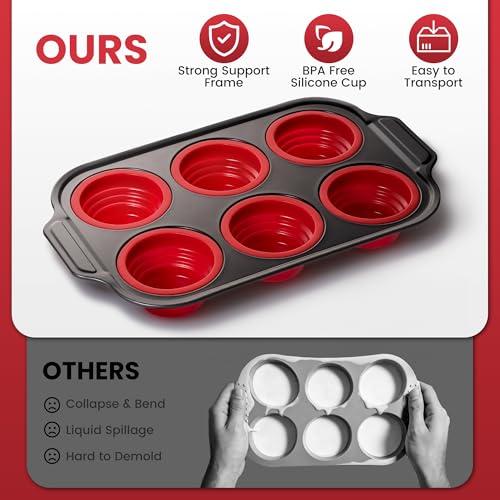 Silicone Muffin Pans for Baking with Metal Frame - 6 Cups Cupcake Pans - color: 6-Cups Red