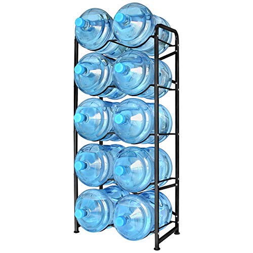 5 Gallon Water Bottle Holder for 10 Bottles, 5 Tiers Heavy-Duty Water Cooler Jug Rack with Reinforcement Frame for Kitchen Office, Black - color: Black