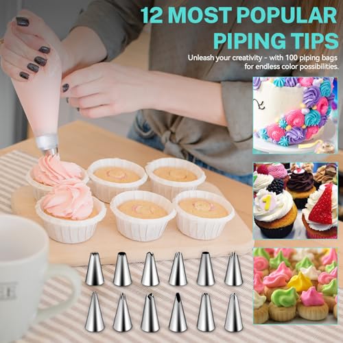 HOTEC Piping Bags and Tips Set, 120 Pcs Cake Decorating Kit with 100pcs 12 Inch Disposable Pastry Bags, 1 Reusable Piping Bags, 12 Piping Tips, 3 Cake Scraper, 2 Couplers, 2 Bag Ties, Baking Supplies - size: 12inch 120pcs