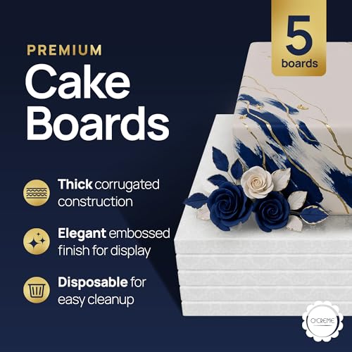 O'Creme Cake Board, White Square Cake Drums with Gorgeous Design, Sturdy & Durable 1/2' Thick, 10' x 10' Inch, Pack of 5 Disposable Drums - color: White, size: 10" x 10"