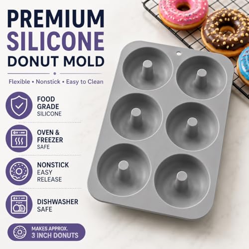 Silicone Donut Mold, 3 Pack, 6-Cavity Nonstick Baking Pan, Makes 3 Inch Donuts, Food Grade, Oven and Freezer Safe