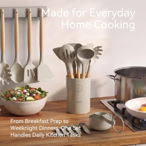 Silicone Kitchen Utensils Set, Heat-Resistant Cooking Utensils, BPA-Free - color: Khaki