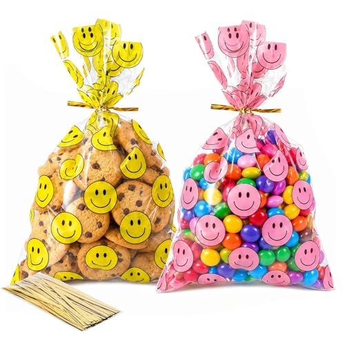 Happy Face Cellophane Bags 100 Pack, Goody Bags with Ties, Treat Gift Bags - color: 100pcs yellow red bags