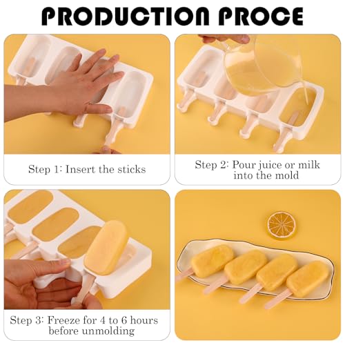 Sakolla 3 Pcs 4 Cavity Mini Popsicle Silicone Molds with 100 Wooden Sticks - size: 3 Pcs Mini - White