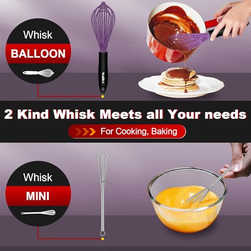 Walfos Whisk, Silicone Whisks Set of 5, Mini Stainless Steel Whisk 7+5in & Non Scratch Coated 7+9+11in Whisks, Suitable for Blending, Whisking, Beating, Frothing & Stirring. (Purple) - color: 5pcs Purple + Stainless Steel;7+9+11in & 5+7in