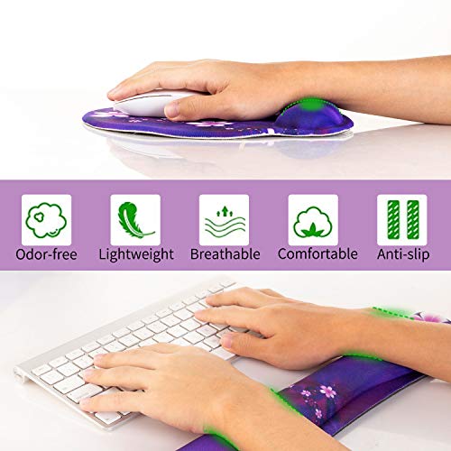 Ergonomic Keyboard Mouse Pad Wrist Rest Support Set for Laptop/Computer/Desktop,Memory Foam Hand Rest Wrist Cushion for Gaming/Office,Lightweight Comfortable & Pain Relief (Purple, Flower) - color: Purple, Flower