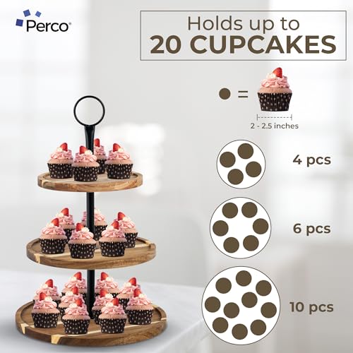 Perco Cupcake Stand, 3 Tier Wooden Tiered Display Stand for 20 Cupcakes – Wood Dessert Table Display Set, Tiered Serving Tray for Weddings, Birthdays, Baby Showers & Events - color: Acacia Wood
