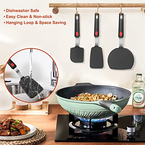 Hotec Silicone Spatula Turner for Nonstick Cookware, Cooking Spatulas 600°F Heat Resistant Large Flexible Rubber Spatula Set of 3, Kitchen Utensils for Flipping Eggs, Burgers, Pancakes, Crepes - color: Black-B
