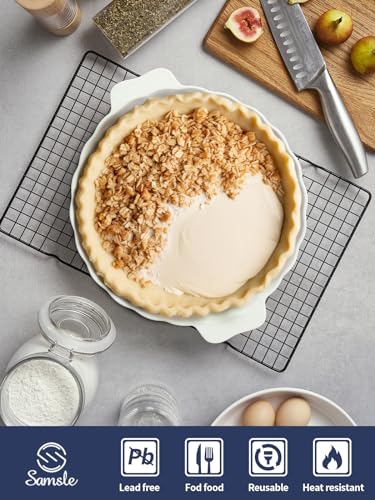 Samsle Ceramic Pie Pan, 13 Inch Round Baking Dish with Handles, White