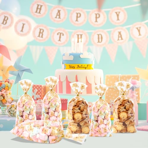100 Pcs 5 x 11 Inch Clear Cellophane Treat Bags with 100 Gold Twist Ties, Bear Printed Food-Safe Plastic Bags for Gift Wrapping, Birthday, Wedding, Valentine's Day, Party, Classroom Gifts - color: Rainbow (Cub), size: 5x11inch(100pcs)