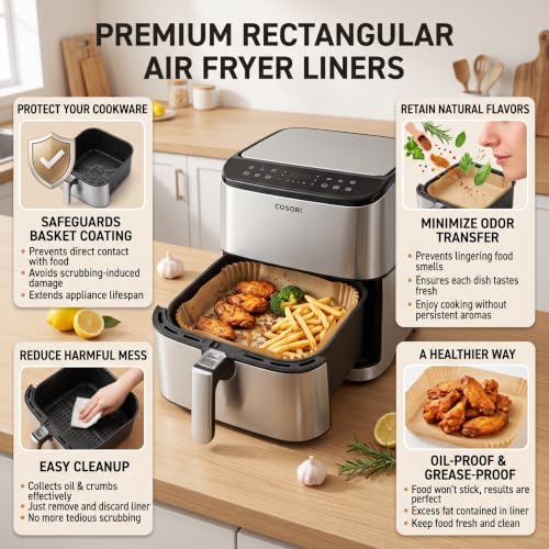 Air Fryer Liners Disposable Rectangular. 125pcs Virgin Pulp Parchment Paper for 4qt-8qt Air Fryer.Food Grade,Non-stick, Oil-proof & Heat Resistant for Baking,Microwave,Cooking & Deep Fryer Accessories