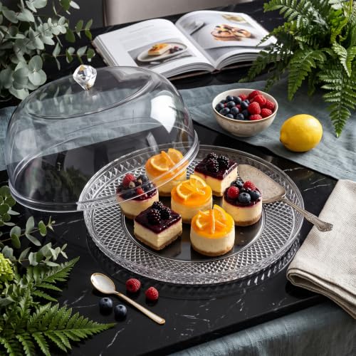 AVLA Acrylic Cake Plate with Dome, 13 Inch Cake Stand with Cover, Diamond Pattern Serving Platter with Lid for Display, Party, Entertaining, Diamond Shaped Handle