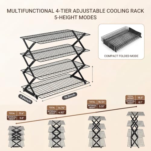 4-Tier Collapsible Cooling Rack for Baking, 3-Setting Adjustable Stackable Cookie Rack, Durable Nonstick Space-Saving Stand for Cooking, Roasting, Drying, Grilling, Cottage Bakery