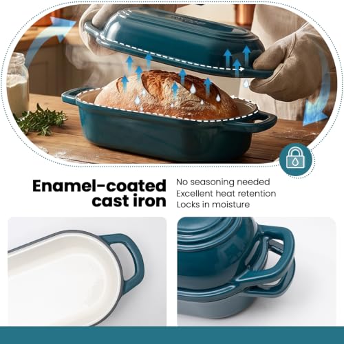 Oval Dutch Oven for Bread Baking,11.3x5.3 Enameled Cast Iron Bread Pan,Teal - color: Teal