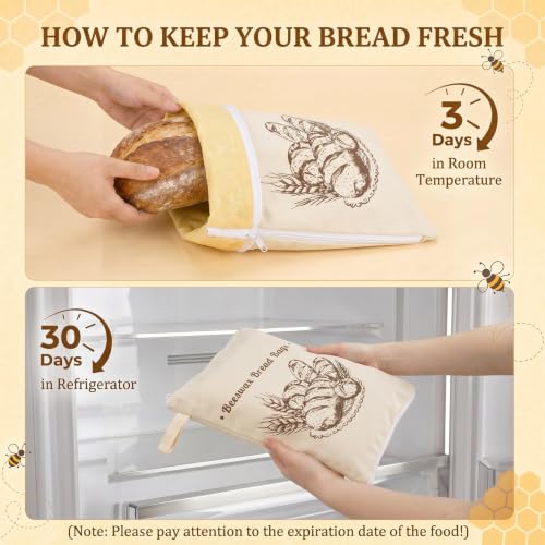 4-Pcs XL Beeswax Bread Bag Set: 2 Bags, Bowl Cover & Cleaning Sponge - color: Bread