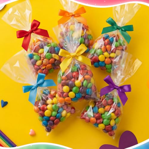 Riceshoot 100 Pcs Rainbow Twist Tie Bows, 3.5 Inch Pre-Tied Satin Ribbon - color: Rainbow Color, style: Rainbow