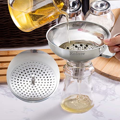 Kalave Canning Funnel, Food Grade Stainless Steel Canning Funnels with Strainer, Wide Mouth Funnels for Kitchen Use, Canning Supplies Kit for Wide and Regular Mason Jars - 3 Pack (Small and Large) - size: 5.6x2.1+ 4.2x1.4 Inch Mouth